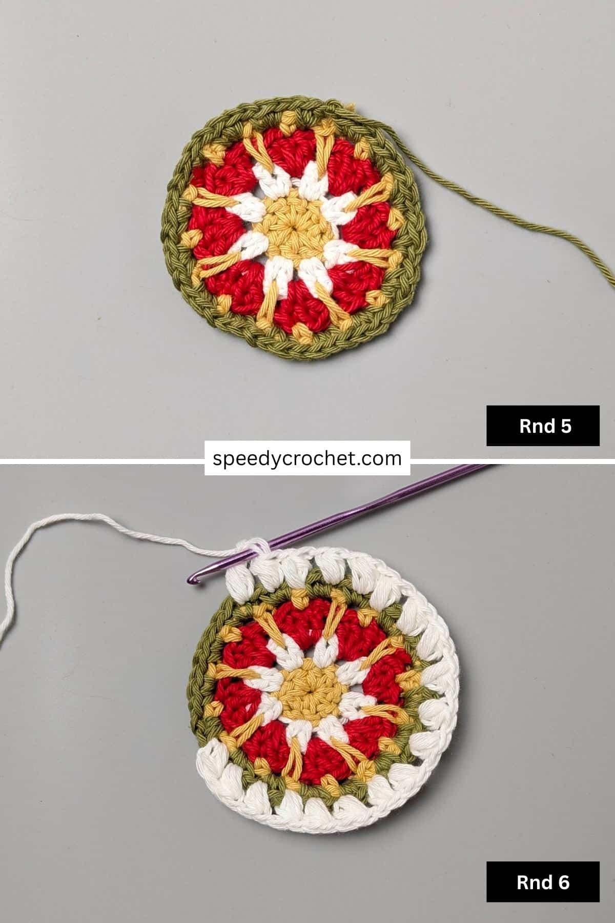 Image showing steps five to six of a crochet coaster.