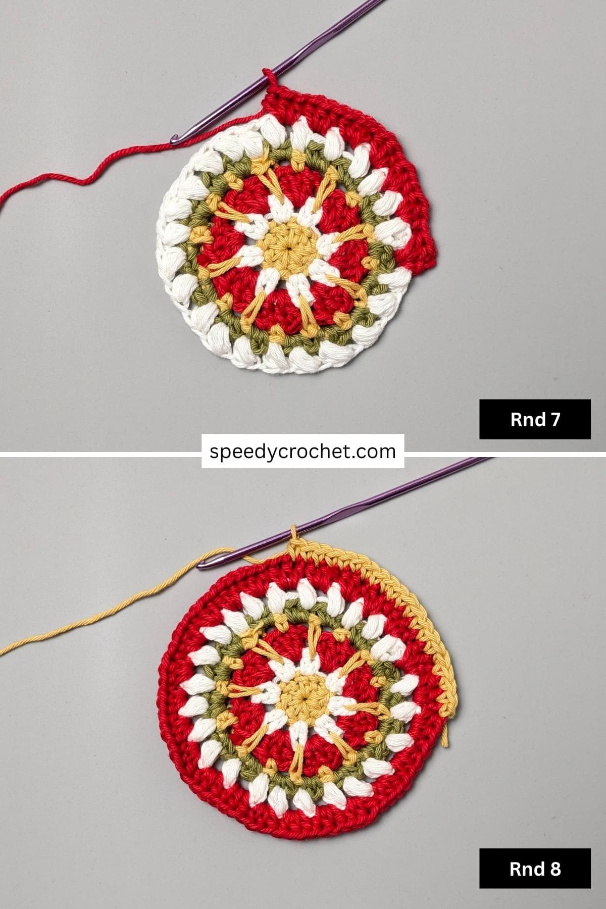 Image showing steps seven and eight of a crochet coaster.