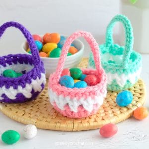 Mini crochet baskets filled with mini Easter eggs.