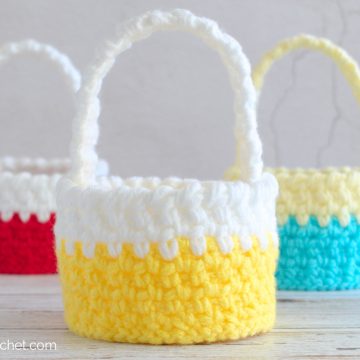 Yellow, red and blue crochet baskets.
