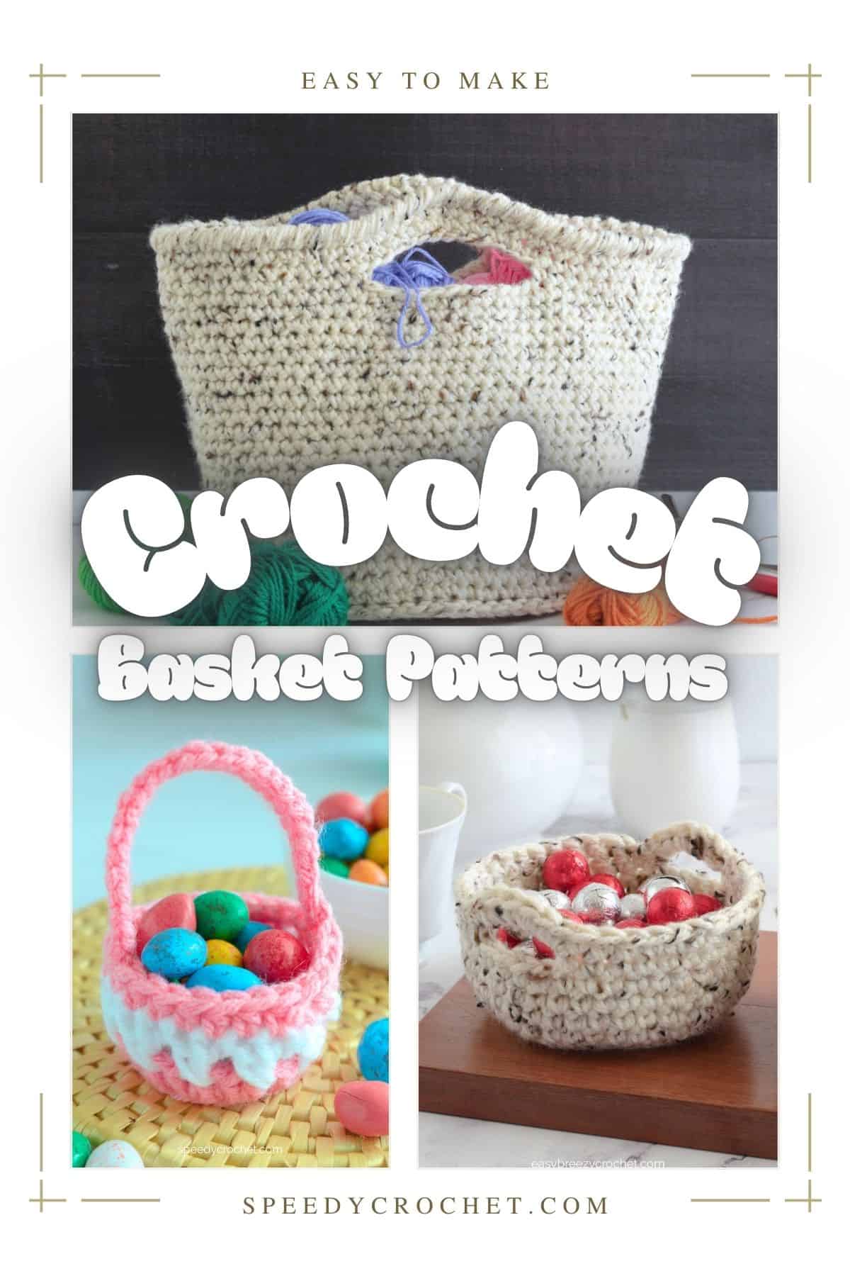 Image collage showing three different crochet baskets.