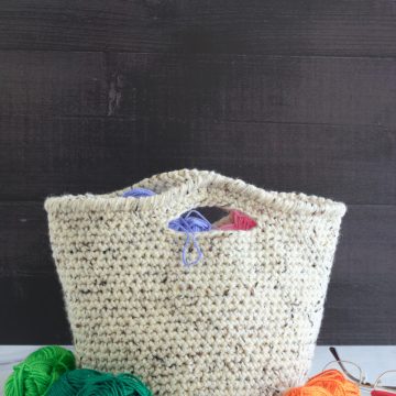 Crochet basket with yarn.