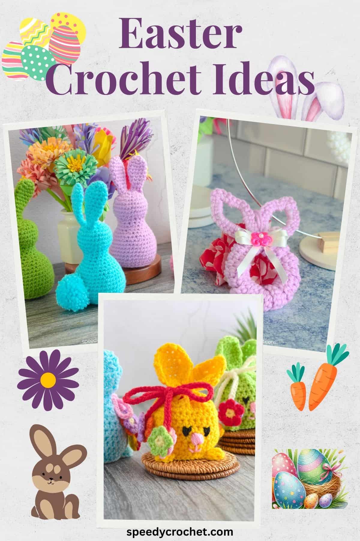 Image collage showing crochet bunnies.