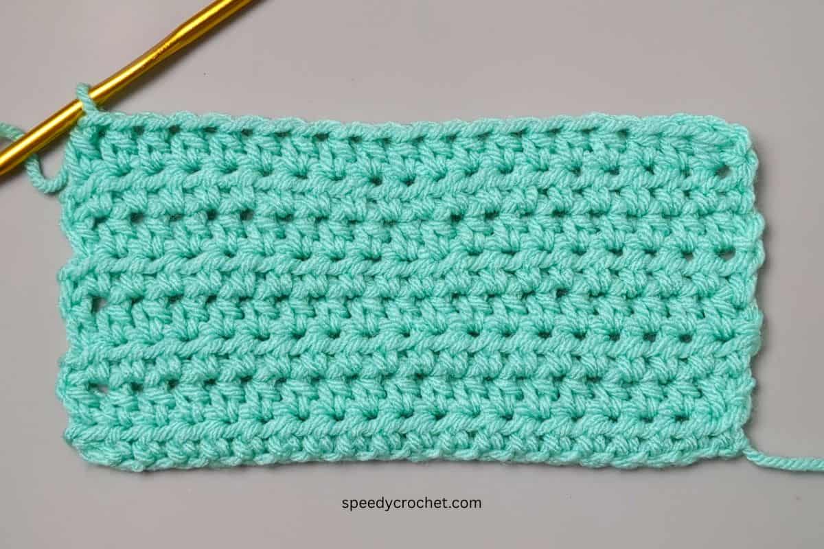 A crochet swatch made with half double crochet stitches.