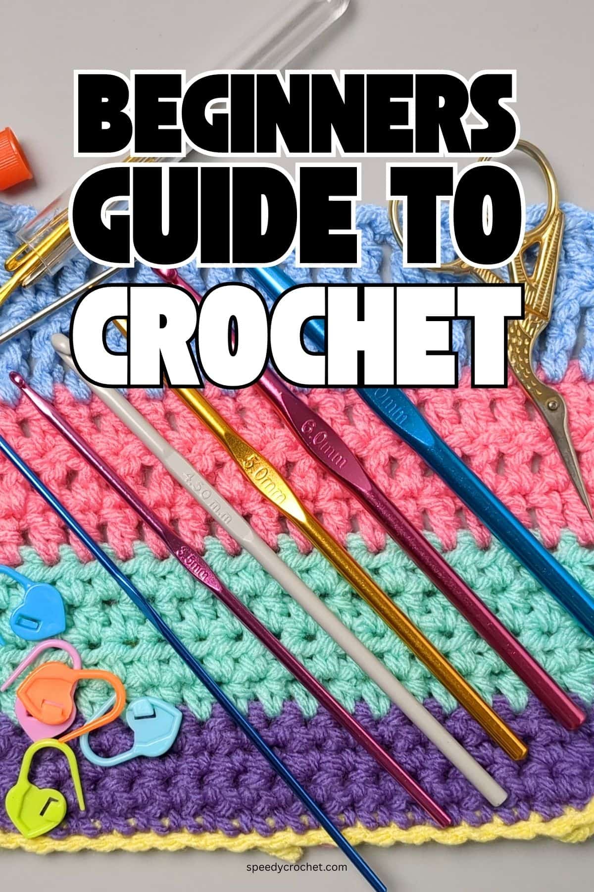 crochet hooks, yarn needles, and stitch markers.