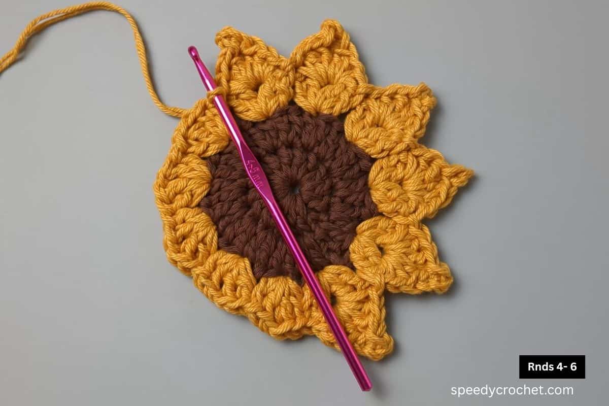 An incomplete crochet sunflower coaster.