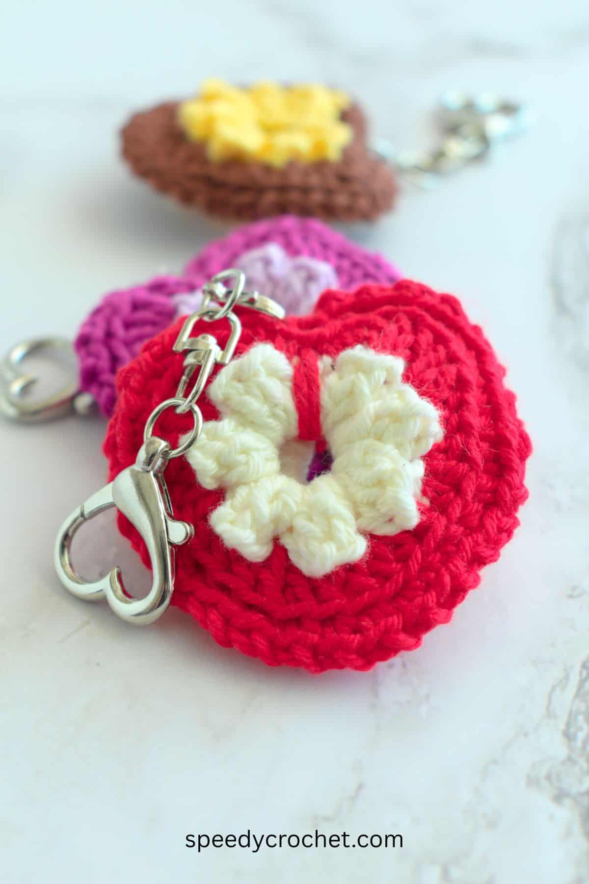 Red crochet heart keychain.
