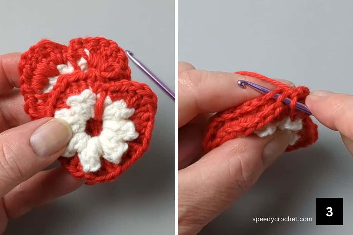 Image showing how to join two crochet hearts.
