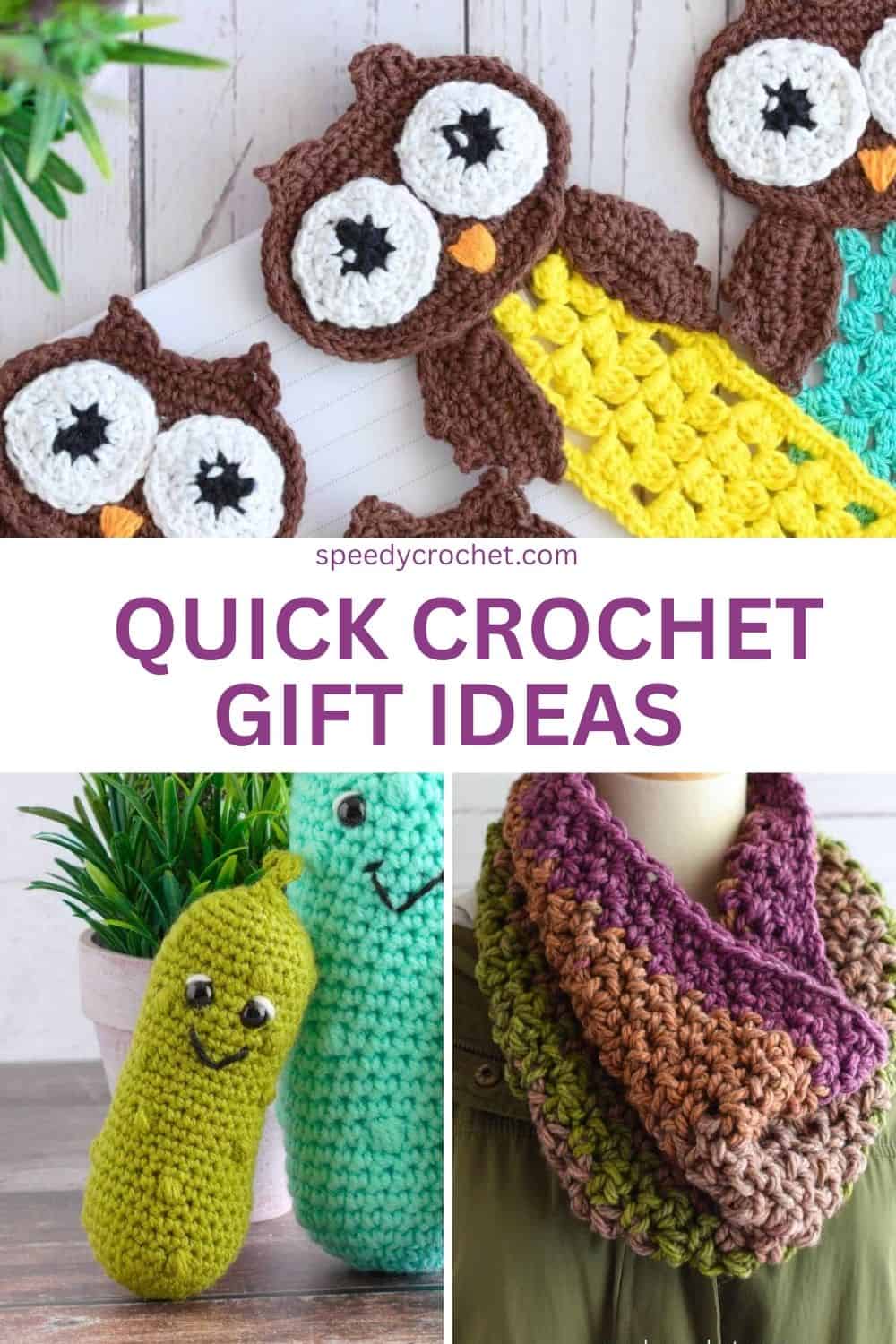 Collage of crochet owl bookmarks, crochet cowl, and crochet pickles.