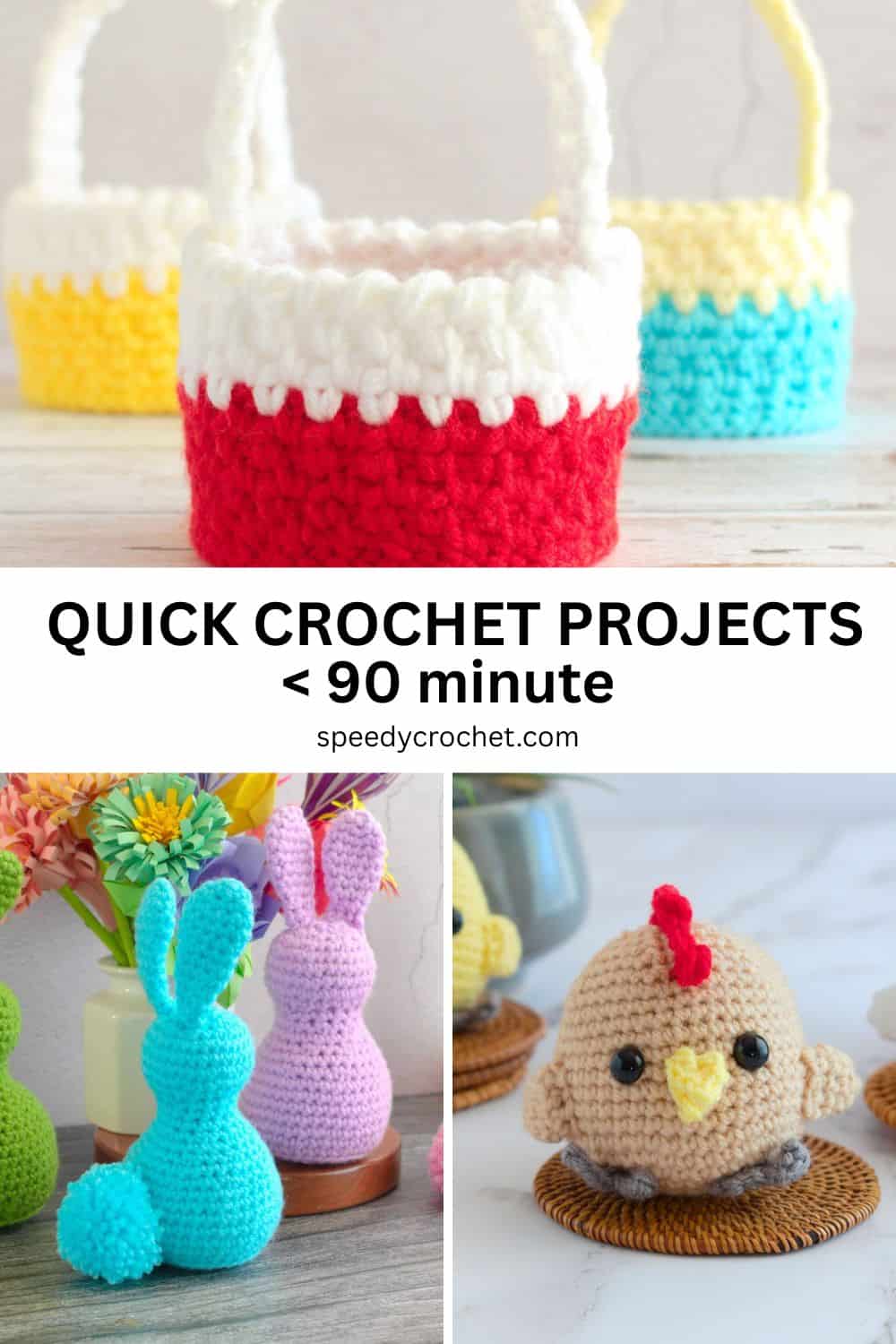 Red crochet basket, blue crochet faceless bunnies, and a crochet chicken.