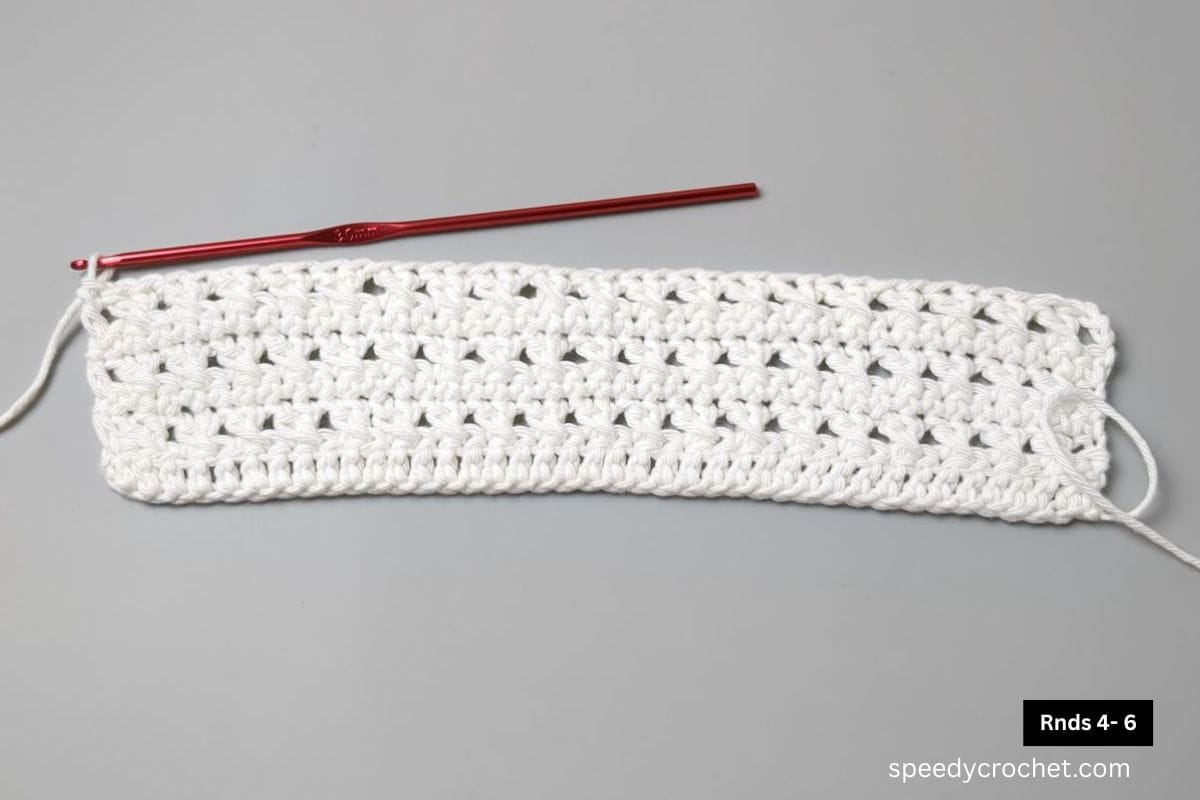 Rows one to six of a crochet mug cozy.