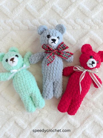 Three small crochet teddy bears.