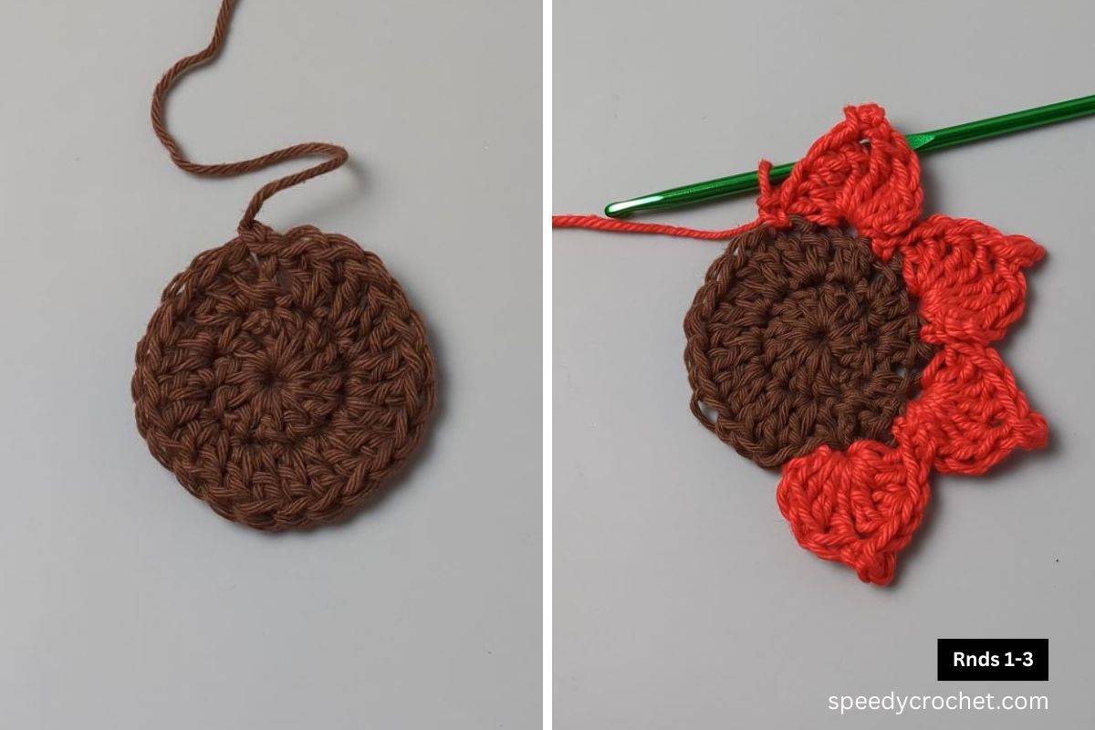 A partially complete crochet sunflower.