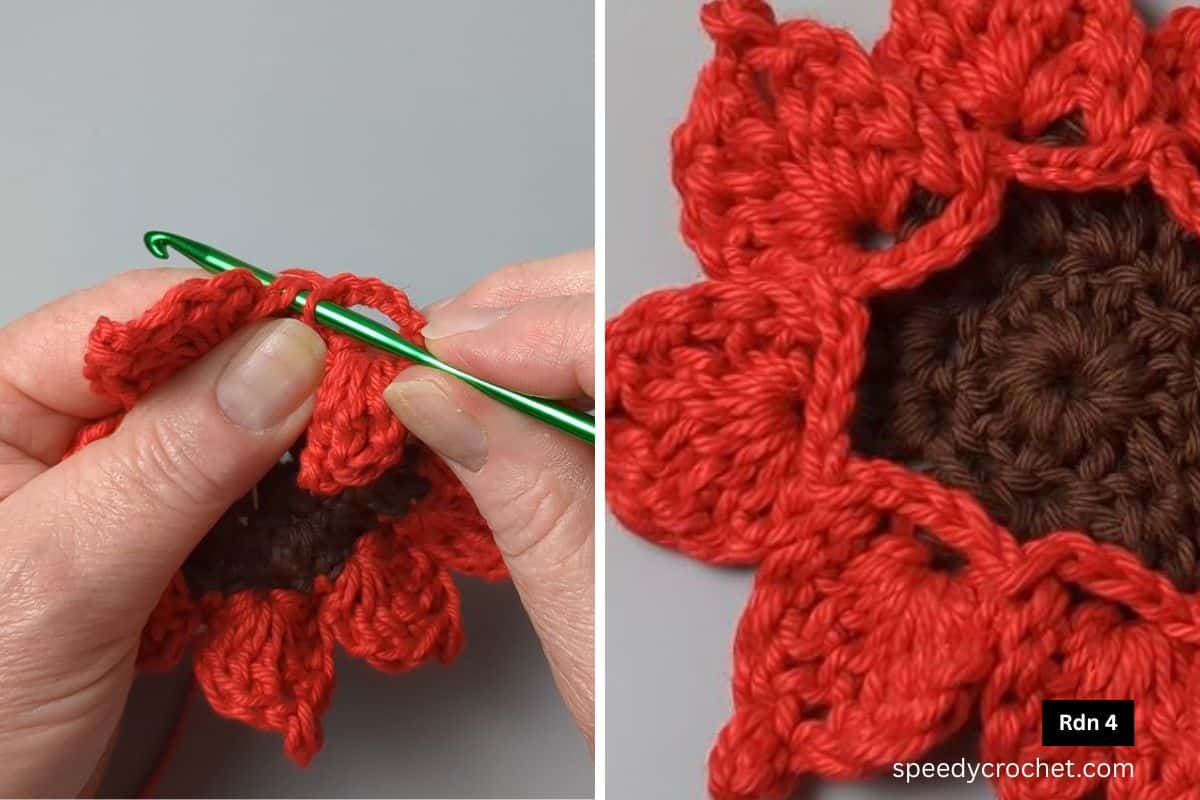 Close up of the start of a crochet sunflower granny square.