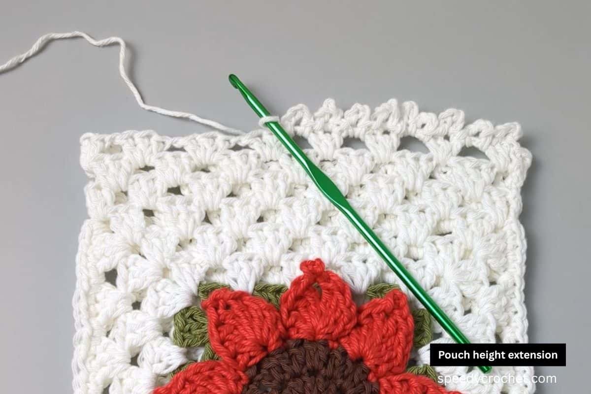 Closeup of edging on a granny square pouch.