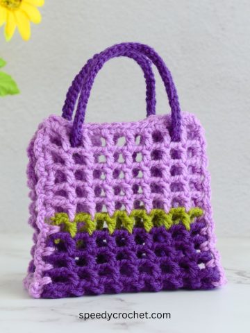 Purple crochet mesh bag.