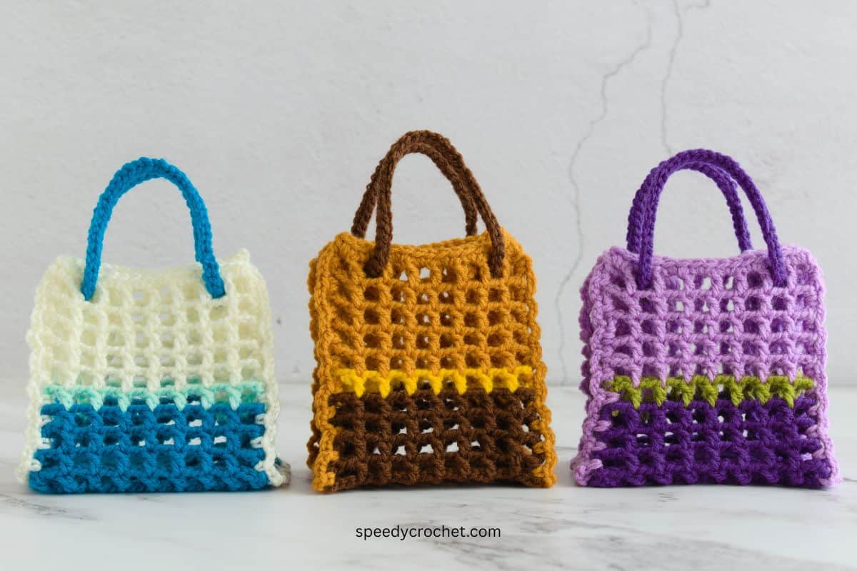 Three mini crochet mesh bags.