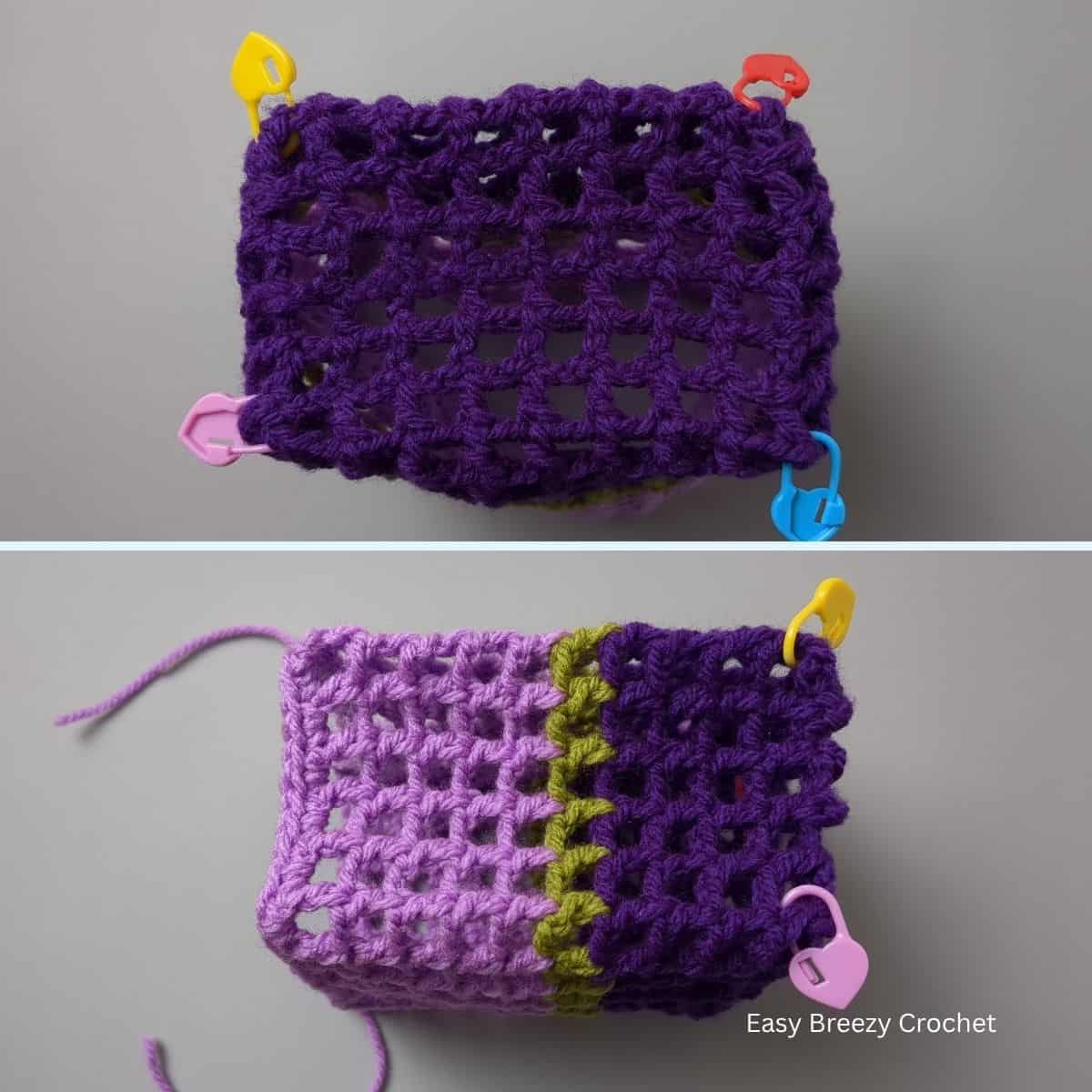 Crochet mesh bag with stitch markers.