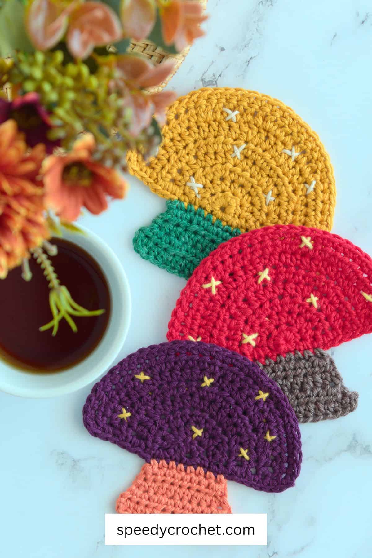 Crochet mushroom coasters.