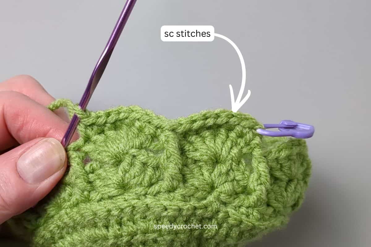 Single crochet stitches on crochet basket edge.