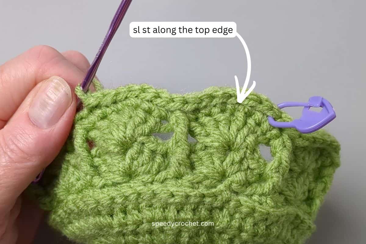 Slip stitch border on crochet basket.