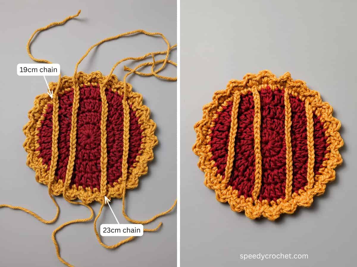 Image showing placement of crochet lattice on a pie crochet coaster.