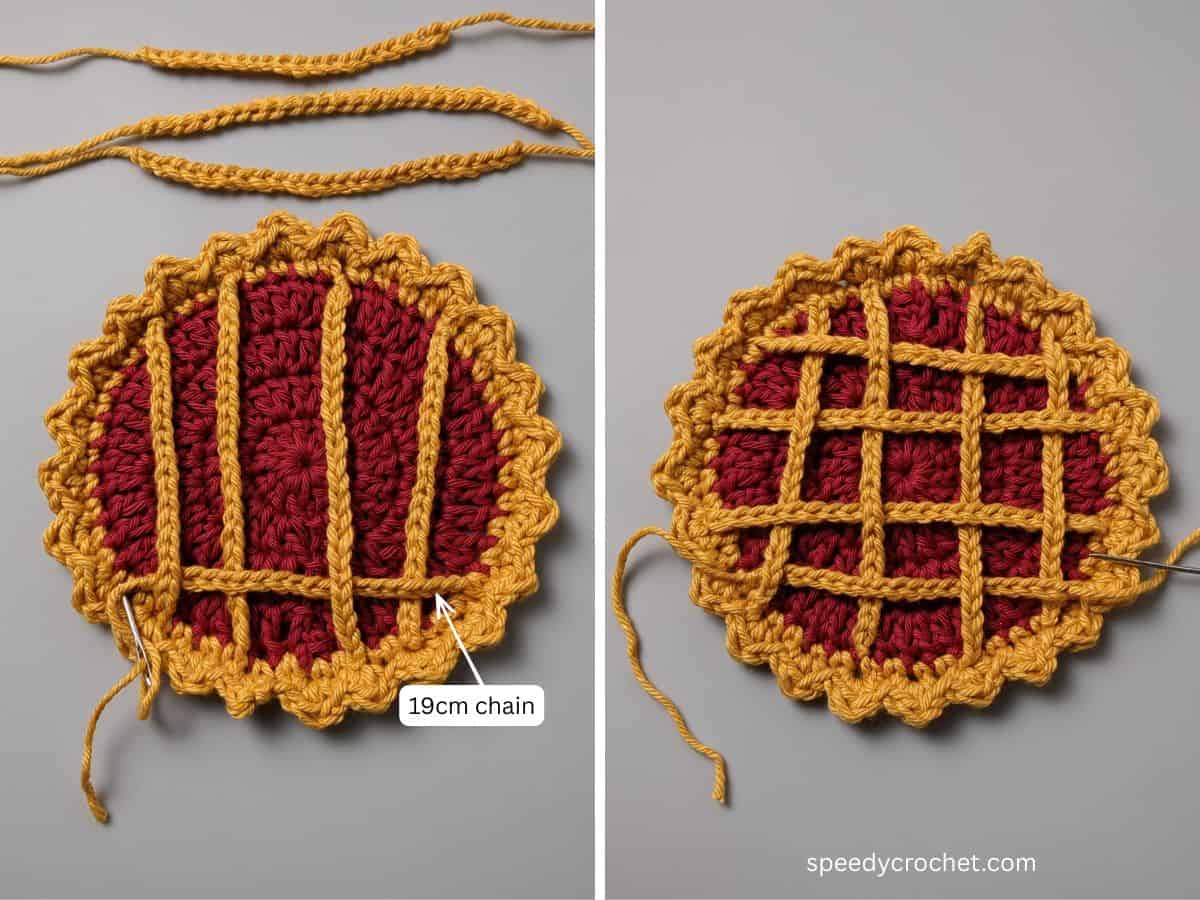 Image showing placement of crochet lattice on a pie crochet coaster.