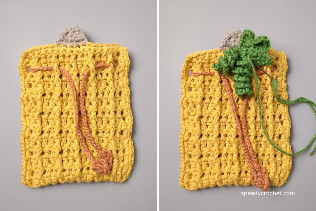 Image showing placement of drawstring tie and leaf on a crochet soap saver pouch.