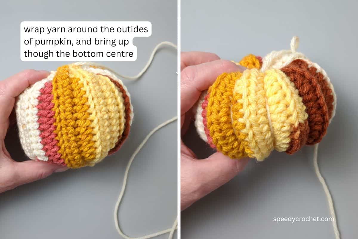 Ribbing details on a ribbed crochet pumpkin.