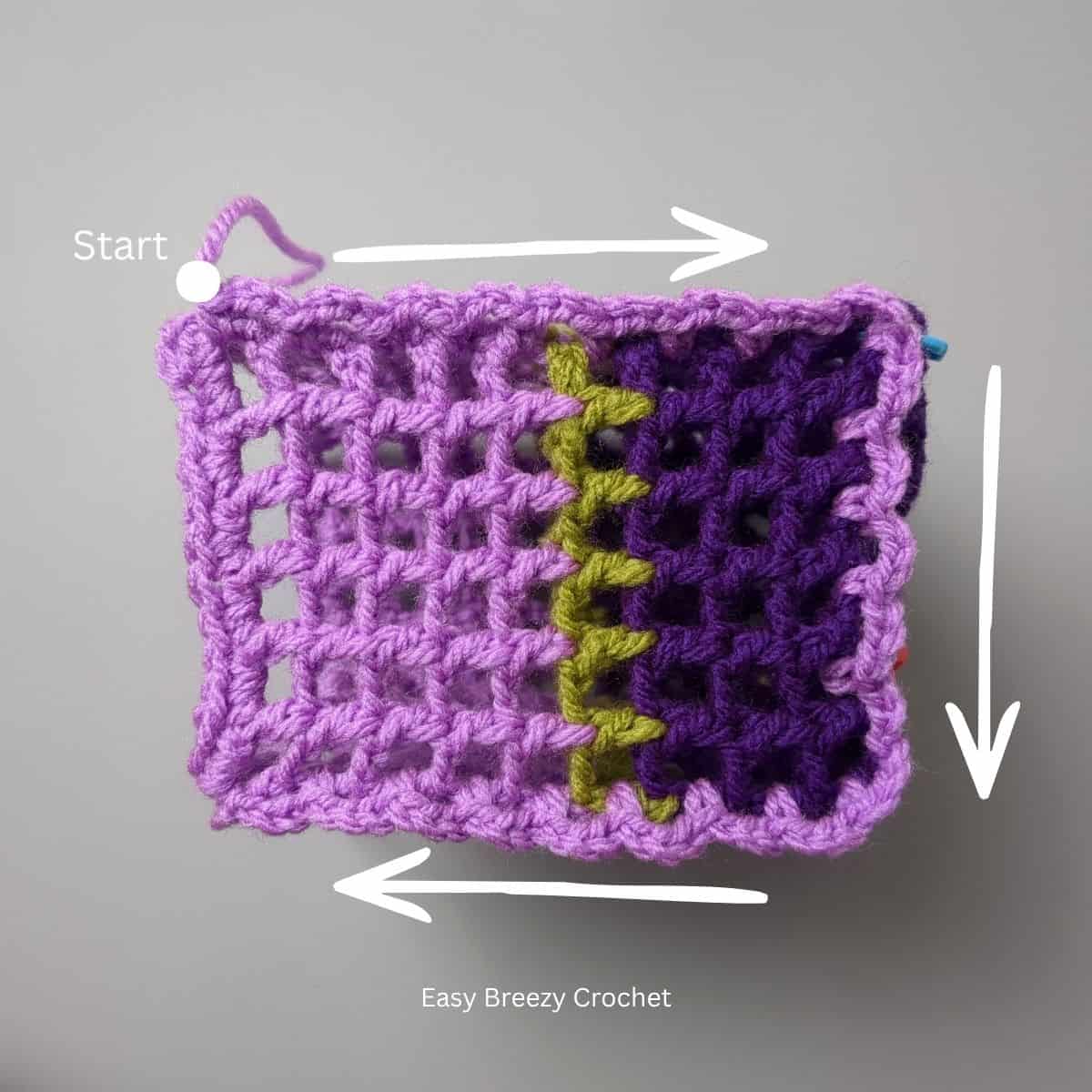 Side view of crochet mesh bag.