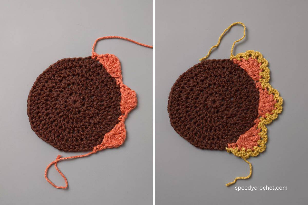Crochet circle with orange and gold crochet edging.