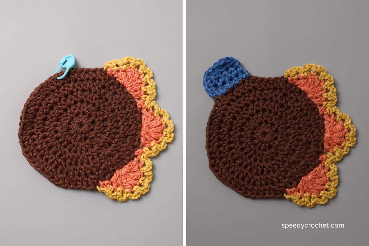 Image showing and incomplete crochet turkey coaster.