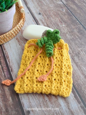 Pumpkin crochet soap saver drawstring pouch.