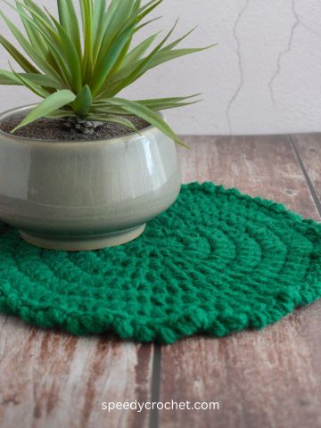 round crochet table mat with a ruffle edge.